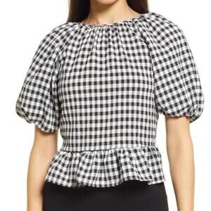 TopShop Black White Gingham Check Puff Sleeve Peplum Top SZ 8